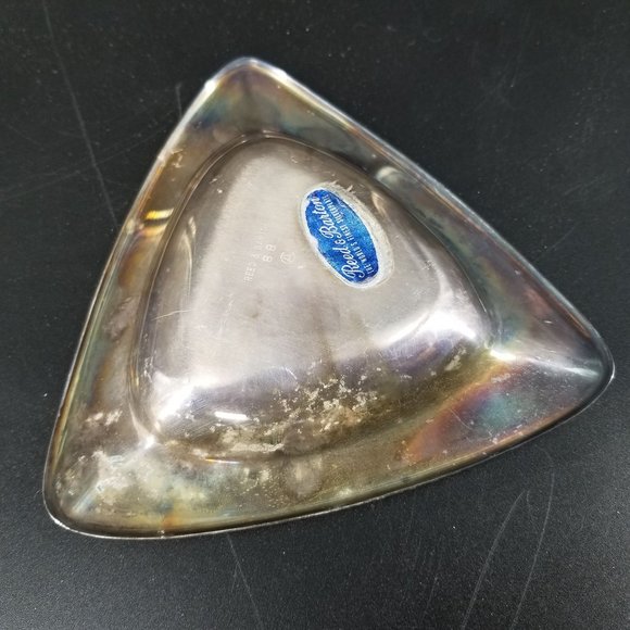 Reed Barton Ashtray Trinket Dish Blue Enamel Silver Plate Triangle Patina 5.50" - Picture 3 of 9